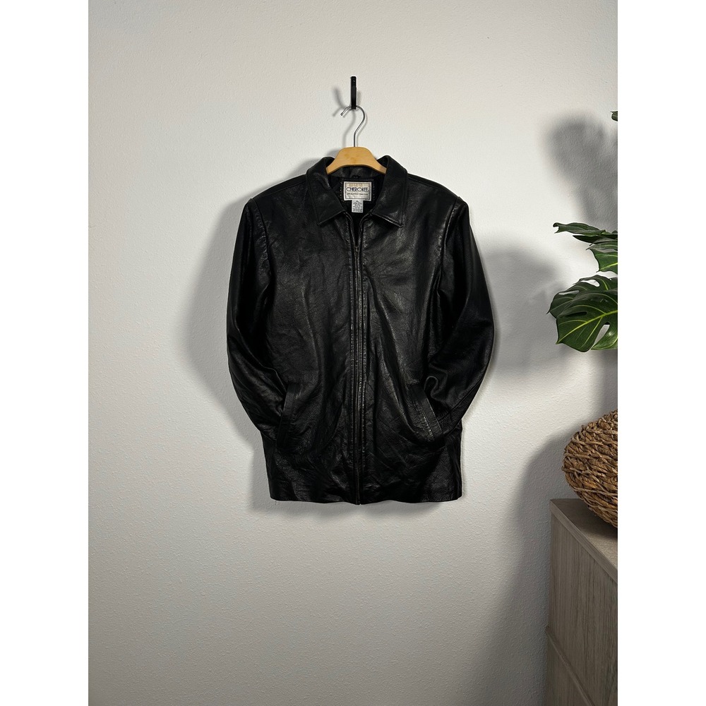 VTG Cherokee Black Genuine Leather‎ Zip Collared Jacket, Size XL